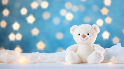 A soft teddy bear is positioned in front of a dreamy starry bokeh backdrop, evoking a sense of warmth and comfort