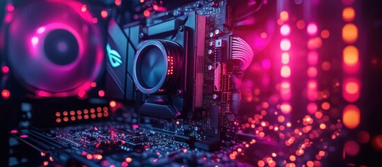 Close-up of illuminated PC components, motherboard, graphics card, and cooling fan.