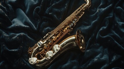 Fototapeta premium A classic tenor saxophone resting on a black velvet cloth, emphasizing its polished brass details.