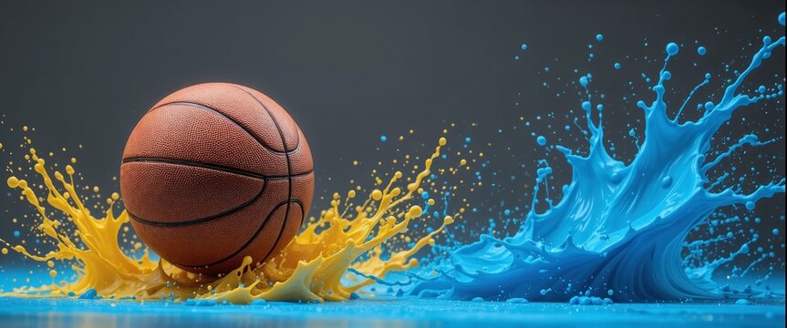 A basketball surrounded by dynamic splashes of vibrant blue and yellow paint on a reflective surface. - Powered by Adobe