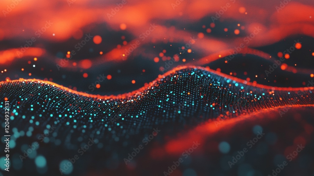 Poster vibrant waves pulse with energy as glowing dots illuminate the flowing patterns, showcasing an abstr
