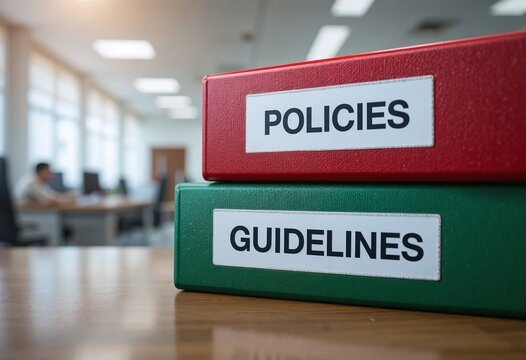 Close-up of binders labeled 'Policies' and 'Guidelines' on an office desk, symbolizing business organization and structure.