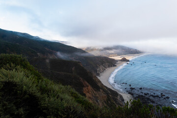 Coastal Landscape of monetary bay with Wildflowers and Foggy Cliffs