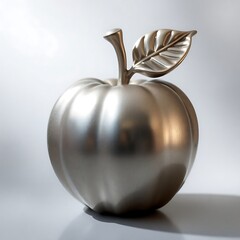 Metallic apple sculpture with leaf.