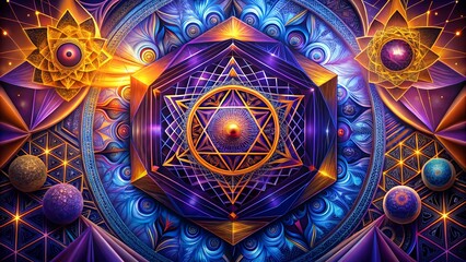 Sacred Geometry Mandala in Vibrant Purple and Blue Cosmic Design