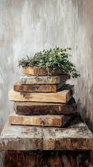 Thyme Sprigs Resting on Stacked Wooden Boards