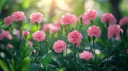 Outdoor garden filled pink carnations in bloom lush green foliage bright sun