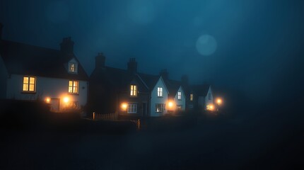 Foggy night scene of houses with warm lights.