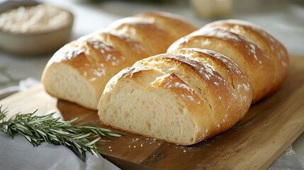 Fototapeta premium Freshly Baked Bread with Rosemary on a Wooden Cutting Board
