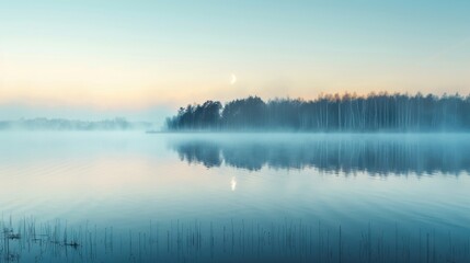 Fototapeta premium A tranquil lake shrouded in mist mirrors a crescent moon as twilight descends, creating a peaceful atmosphere with soft colors