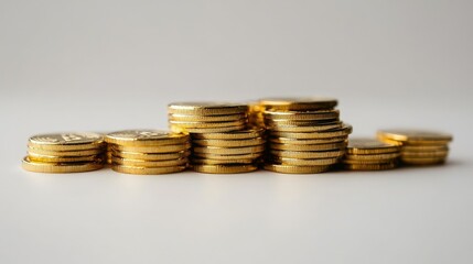 A collection of shiny golden bitcoin coins stacked neatly on a white background, symbolizing cryptocurrency wealth.