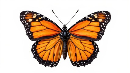 Fototapeta premium Centered against a pristine white backdrop, an exquisite Monarch butterfly unfurls its vibrant orange and black wings, dotted delicately with white, capturing the essence of nature's artistry