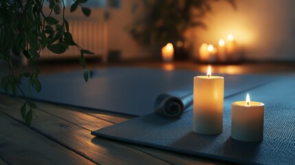 A serene meditation corner with candles and a yoga mat, symbolizing mindfulness and self-care, Meditation scene