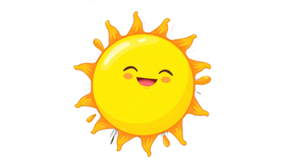 Smiling yellow sun with orange rays and drips, transparent background