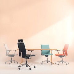Four office chairs around a table in a minimalist room.