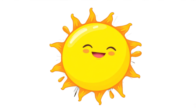 Smiling yellow sun with orange rays and drips, transparent background