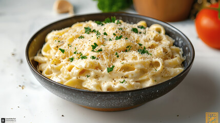 a bowl of creamy pasta alfredo topped with grated parmesan and parsley