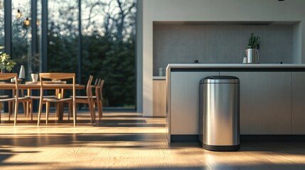 Modern kitchen stainless steel trash can sunset view