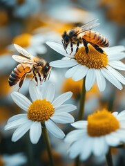 Bees pollinating daisies in a field, blurred background
