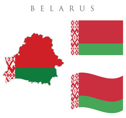 Belarus map with flag embeded inside with 2 Belarus flags wavy flag and rectangular flag vector illustration