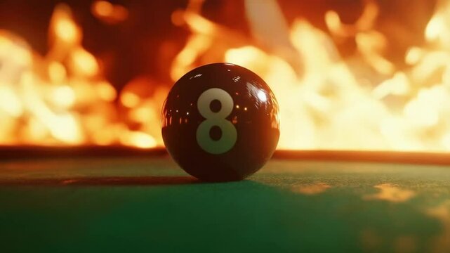 Billiard ball scene with fire background, smooth repeating motion for background video animation.