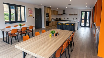 Fototapeta premium A bright and modern dining room in a hostel, with large communal tables and a view of the kitchen area