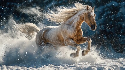 Fototapeta premium Majestic Horse Galloping Through Snowy Landscape with Flowing Mane and Winter Magic