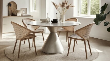 Fototapeta premium A bright dining room with a round metal table, four rattan chairs, and a neutral color scheme
