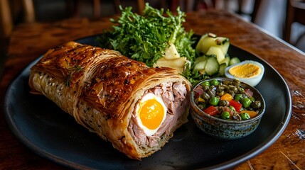 Sliced pastry-wrapped meatloaf with egg yolk, served with salad and relish.