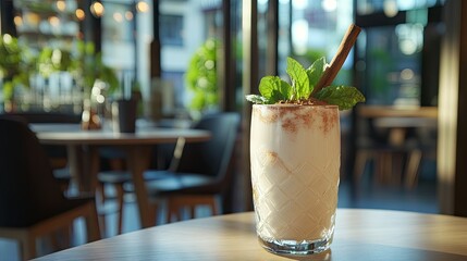 A glass of vanilla protein shake, garnished with a cinnamon stick and fresh mint leaves.