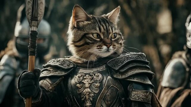 Scene of a cat wearing armor, smooth repeating motion for background video animation.