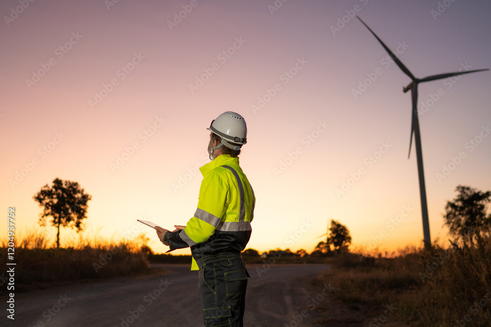 Poster engineer man working with tablet at windmill farm generating electricity clean energy. wind turbine 