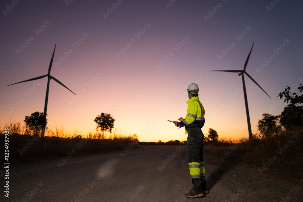 Poster engineer man working with tablet at windmill farm generating electricity clean energy. wind turbine 