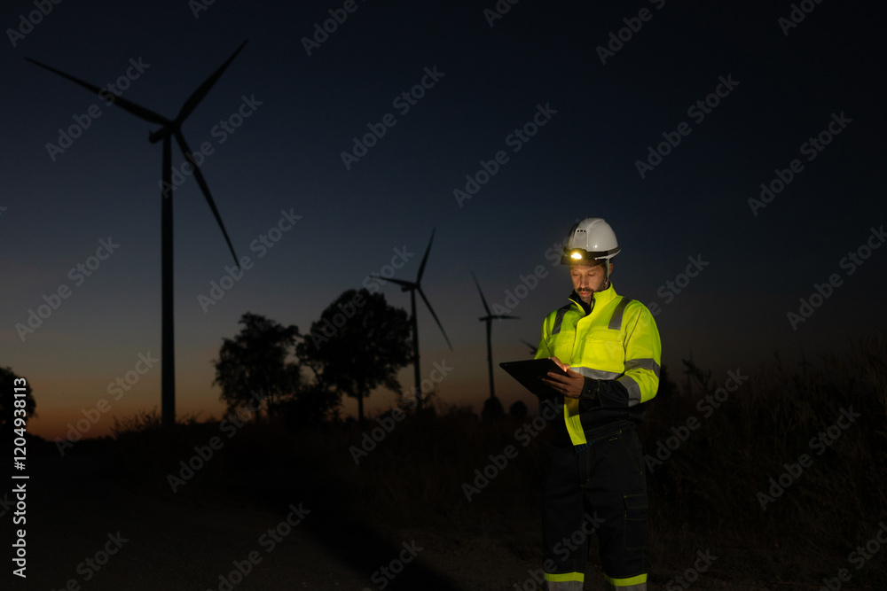 Poster engineer man working with tablet at windmill farm generating electricity clean energy. wind turbine 
