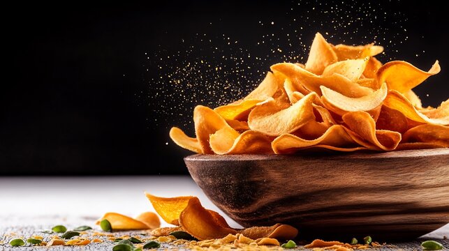 Crispy golden vegetable chips elegantly arranged in rustic bowl dynamically lit. AI Generated