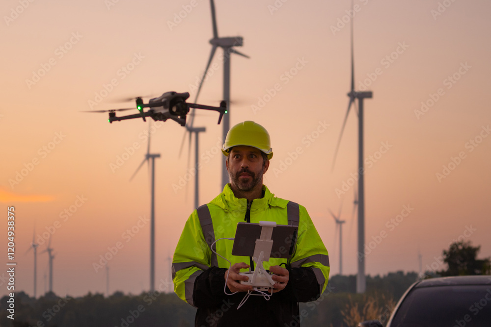 Poster engineers male flying drone surveying and checking wind turbines from the high angle view of the fie