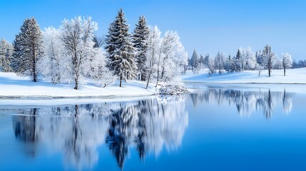 Winter wonderland landscape with snow covered trees reflected in a frozen lake.