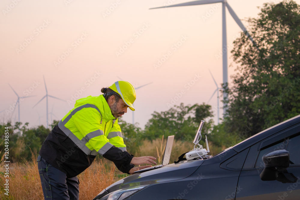 Aufkleber Engineer working on laptop in front of wind turbines for checking wind turbines of the field during beautiful sunset. Alternative energy concept.