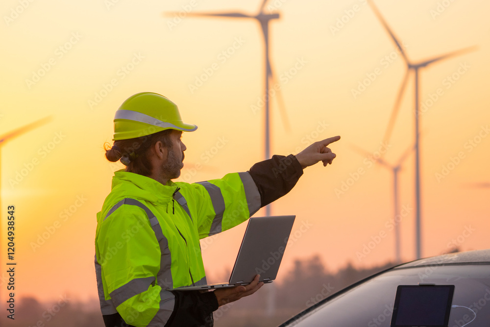 Poster Engineer working on laptop in front of wind turbines for checking wind turbines of the field during beautiful sunset. Alternative energy concept.