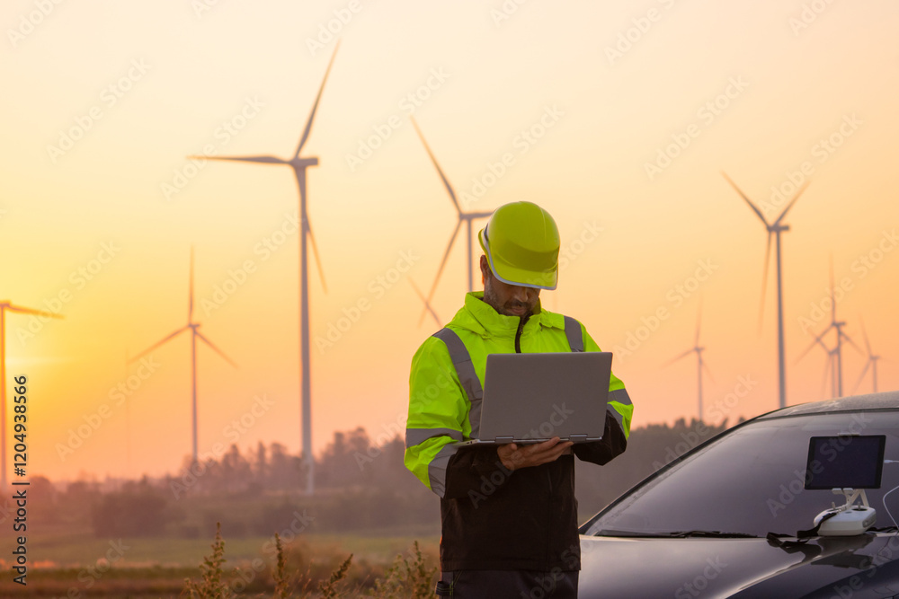 Aufkleber Engineer working on laptop in front of wind turbines for checking wind turbines of the field during beautiful sunset. Alternative energy concept.