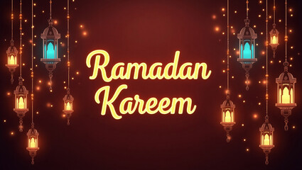 Ramadan Kareem Greeting: A festive and radiant Ramadan Kareem greeting card features intricately designed lanterns, casting a warm glow on the rich red background, symbolizing peace, blessings.
