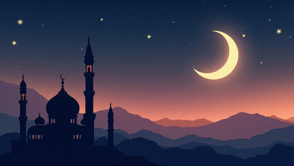 Crescent Moon Above Mosque: A serene landscape featuring a silhouette of a majestic mosque with minarets.