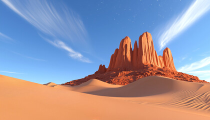 Naklejka premium A stunning desert landscape featuring towering red rock formations under a clear blue sky, with sand dunes in the foreground.