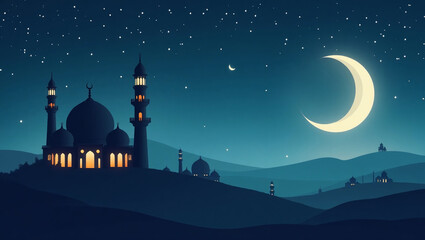 Crescent Moon over Mosque: A serene and mystical scene of a mosque with illuminated windows standing tall against a backdrop of a crescent moon and a starry sky.