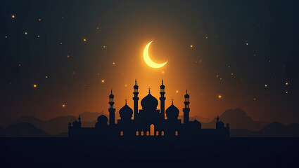 Mosque Under Crescent Moon: A majestic mosque stands silhouetted against a breathtaking night sky, illuminated by the warm glow of a crescent moon and scattered stars.