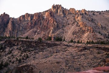 Rugged rock formations and arid landscape at Smith Rock State Park, Oregon.