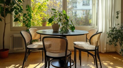 Obraz premium A contemporary dining area featuring a black metal table, designer rattan chairs, and decorative indoor plants