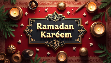 Ramadan Kareem Celebration: An elegant Ramadan Kareem sign in gold and black ornate frame, surrounded by lit candles, festive decorations and greenery on a rich red background.