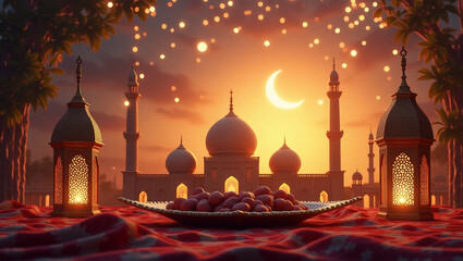 Ramadan Feast: An evocative image of a  festive table with dates and lanterns.