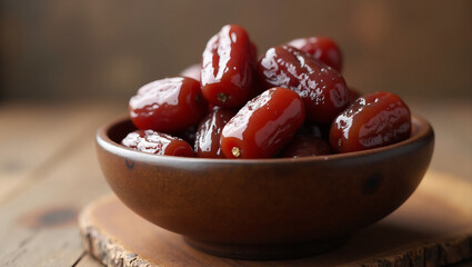 Sweet Juicy Dates: A rustic wooden bowl overflowing with plump, glistening red dates, captures the essence of sweetness and natural goodness.